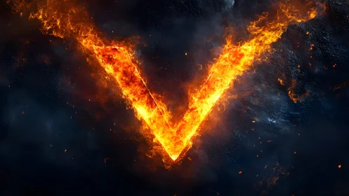 Fiery V Shape on Dark Smoky Background in Dramatic Digital Art.