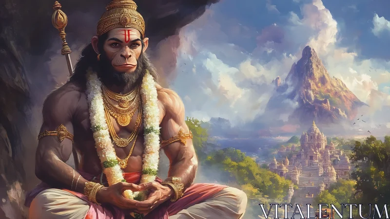 Divine monkey warrior meditates above bright temple city.