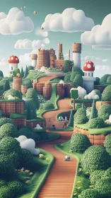 Stylized castle landscape with winding road and tall clouds.