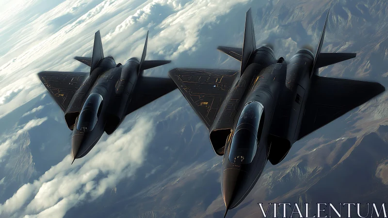 Twin stealth raptors carving shadow paths across heaven.