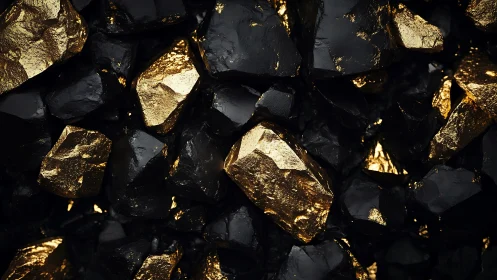Black mineral chunks with metallic gold reflective surfaces.