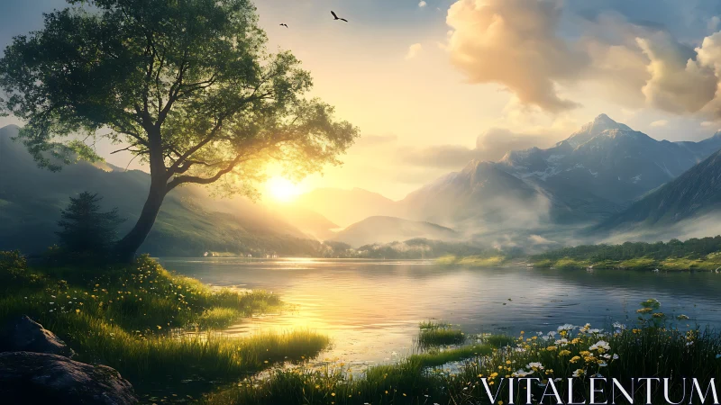 Sunlit mountain lake trades misty secrets with waking sky