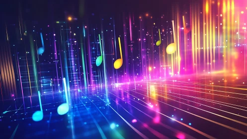 Neon music notes pulse through a radiant digital soundscape.