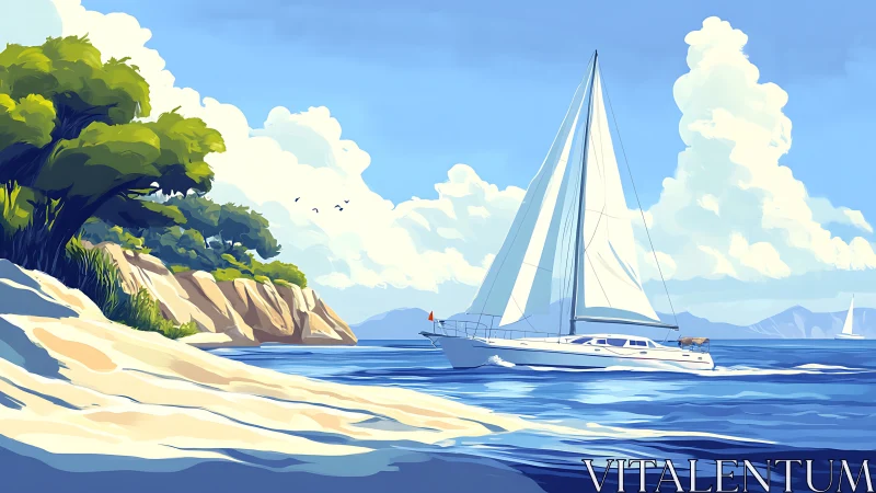 Sunlit sailboat drifting past a peaceful tropical shoreline.