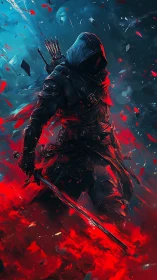 Hooded rogue advances through cyan gloom and crimson shards