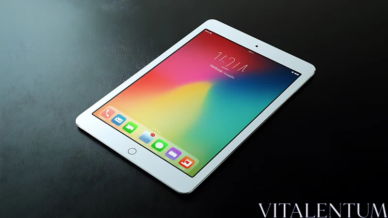 White iPad displays vibrant gradient interface with app icons.