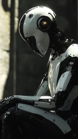 Solitary humanoid robot in reflective seated profile pose.