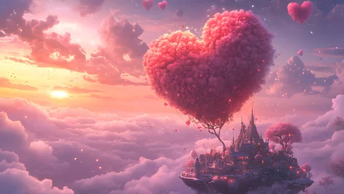 A Dreamy Castle Floating Among Pink Heart-Shaped Clouds.