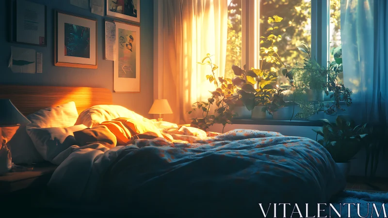 Sunlit sanctuary bedroom drenched in warm, leafy morning glow.