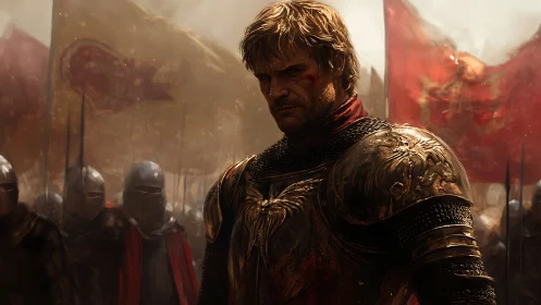 Battle worn knight in ornate armor before red war banners.