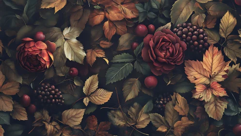Autumn foliage with red roses and clustered berries arrangement.