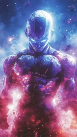 Armored humanoid energy entity amid high-intensity cosmic plasma