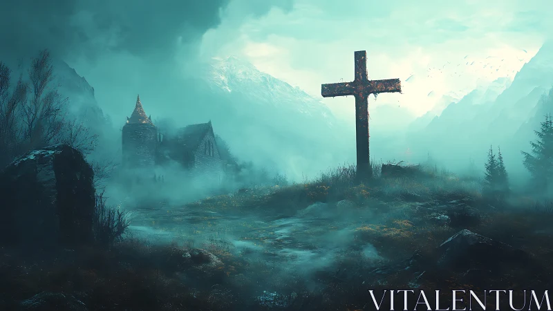 Weathered stone cross in foggy alpine graveyard at dusk