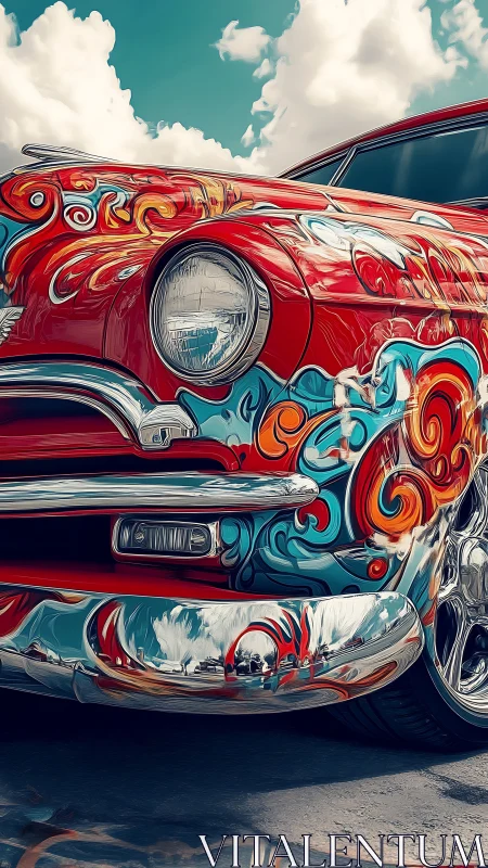 Digital painting of custom lowrider with ornate chrome detailing.