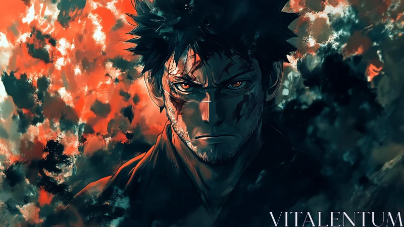 Battle-scarred warrior glows amid storm-torn ember clouds.