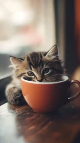 Tabby Kitten Peering from Oversized Ceramic Mug.