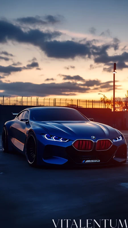Sleek blue BMW coupe glows against a fiery racetrack sunset.