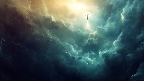 Luminous cross pierces storm clouds under celestial light.