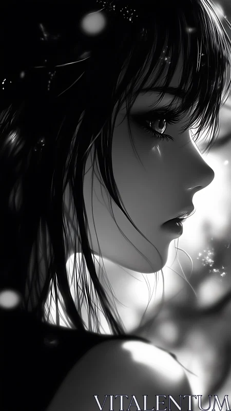 Monochrome anime profile portrait in soft backlight.
