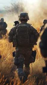 Soldiers advance through sunlit grassland combat zone.