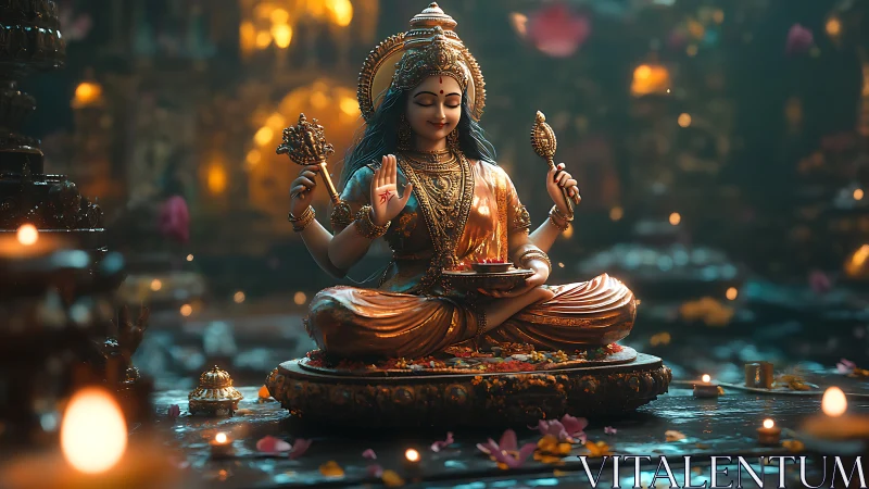 Golden seated goddess statue glows amid temple candlelight
