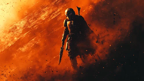 Armored sci fi warrior walking through orange smoke storm.