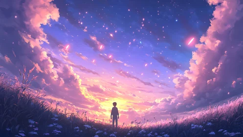 Silhouette observing illuminated sunset sky over open field.