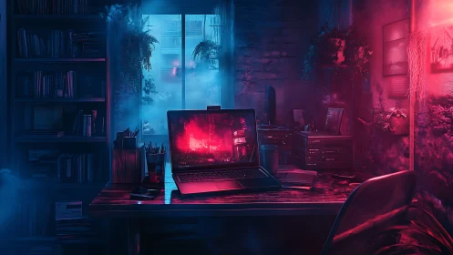 Moody neon-lit workspace with laptop in cyberpunk glow.