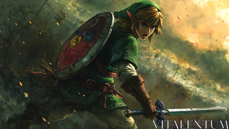 Armored elf warrior braced with shield and sword in stormfront.