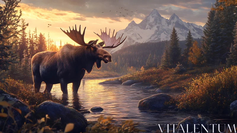 Moose pauses midstream while mountains drink the sunrise glow