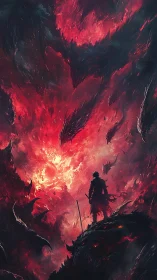Lone swordsman confronts infernal vortex in dynamic vertical blaze