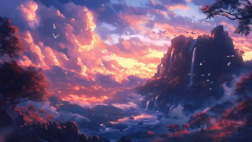 Digital landscape shows mountains, waterfalls and dense clouds