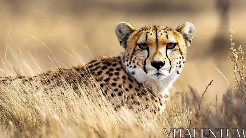 Cheetah in golden savanna grass under shallow depth of field lighting