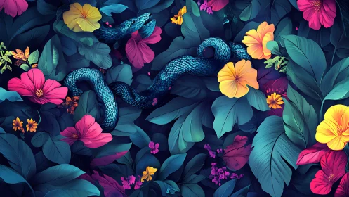 Serpentine cobalt snake coiled through neon tropical flora.