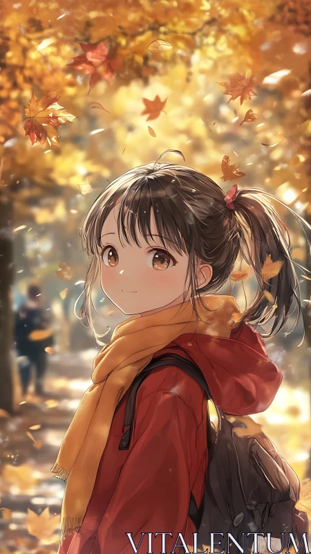 Soft autumn sunlight crowns a scarfed wanderer in gold