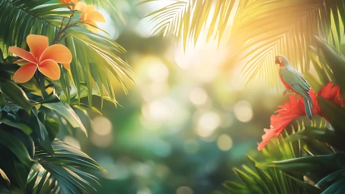 Colorful parrot in lush tropical jungle foliage at sunrise.