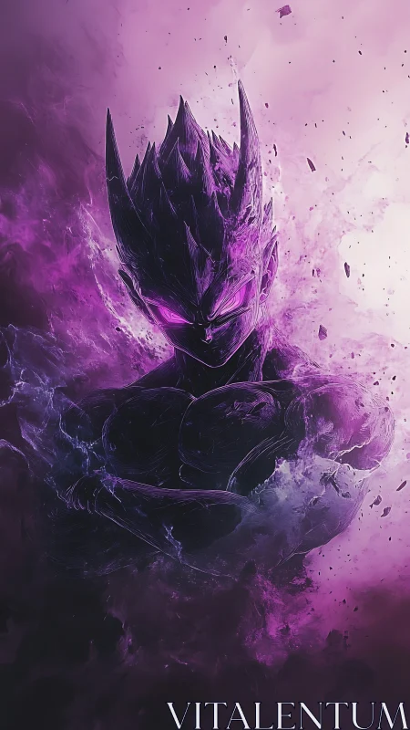 Shadow warrior engulfed in violet ethereal energy storm.