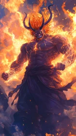 Infernal horned warrior emerges from flames with exaggerated musculature