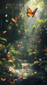Monarch butterflies spiral above luminous rainforest cascade