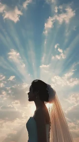 Backlit bridal silhouette with radial crepuscular rays skyframe.