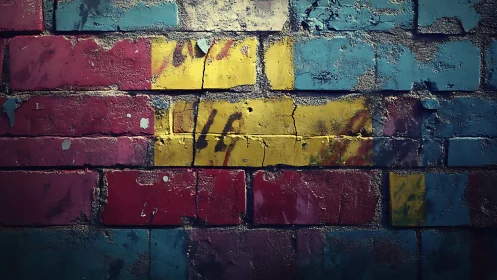 Weathered brick wall shows multicolored peeling paint layers