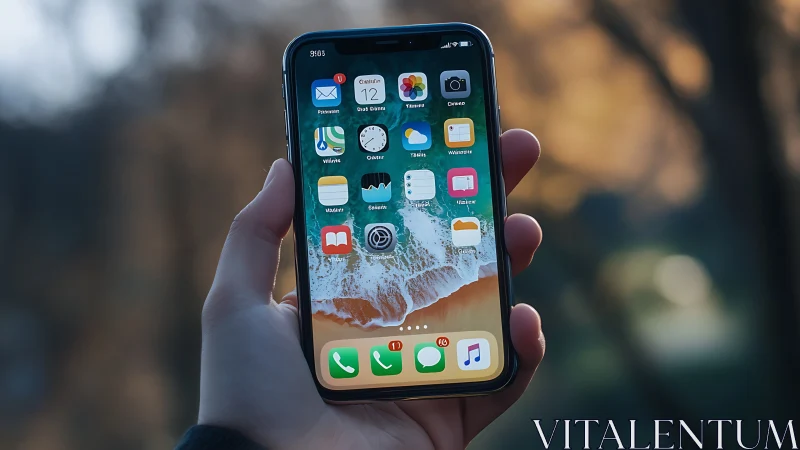 Hand-held smartphone displays iOS home screen with app icons against blurred natural background.