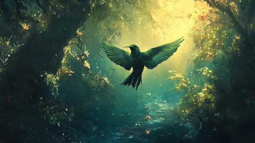 Hummingbird in glowing forest clearing over calm stream.