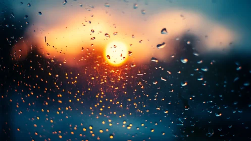 Sunset glows behind rain-streaked glass in vivid bokeh field