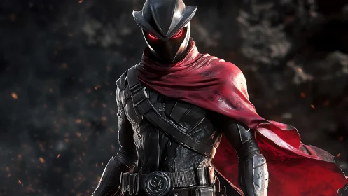 Masked vigilante stands in ember lit darkness, cloaked in red