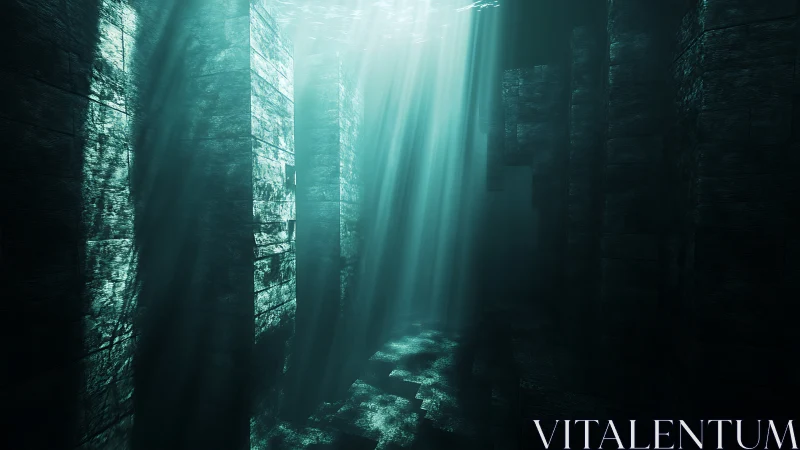 Submerged monolithic corridor with volumetric caustic light shafts.