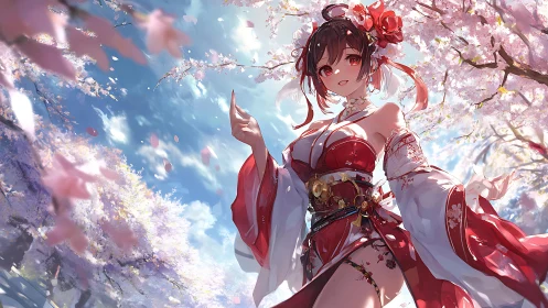 Sakura wind dancer in crimson kimono under spring skies.