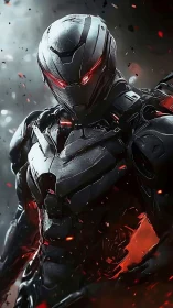 Cybernetic war machine with glowing red visor stands ready.