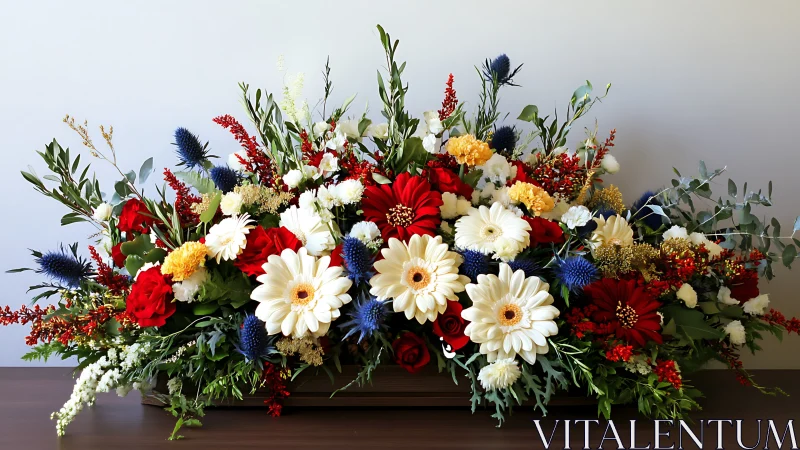 Patriotic Mixed Floral Arrangement with Red Roses, Cream Gerberas, Navy Thistle