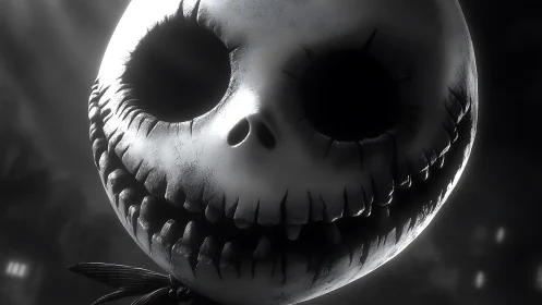 Moonlit skull grins wide in eerie monochrome close-up portrait.